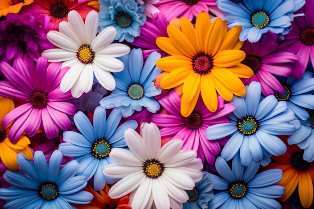 Foto una mostra colorata di fiori con la parola blu in basso