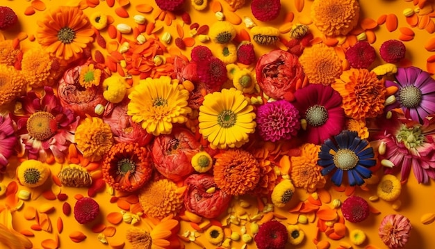 A colorful display of flowers with the word