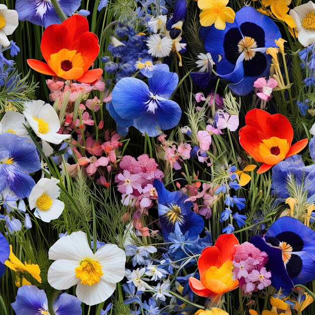 a colorful display of flowers with the word spring on the bottom