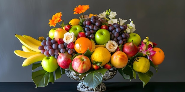 Photo a colorful display of fresh fruits arranged beautifully in a vase concept fruit rainbows fresh produce art vibrant food display farmtotable masterpiece edible color explosion