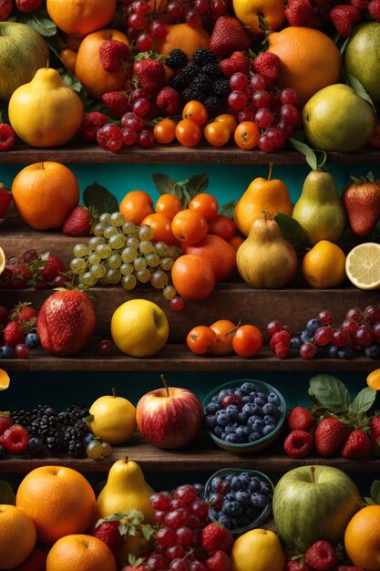 Photo a colorful display of fresh fruits on shelves