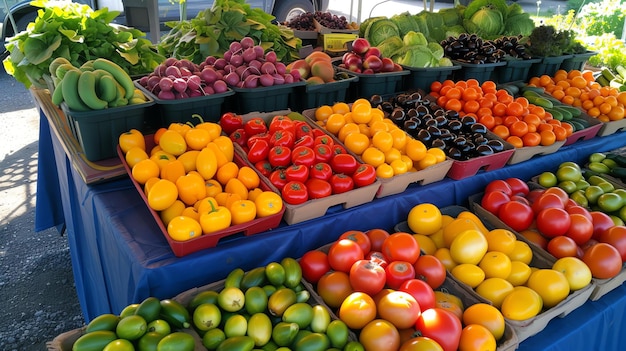 Foto una colorata esposizione di frutta e verdura fresca in un mercato agricolo