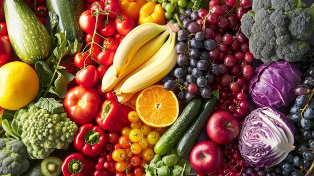 A colorful display of fresh organic fruits and vegetables arranged in a rainbow spectrum symbolizing health and natural diversity