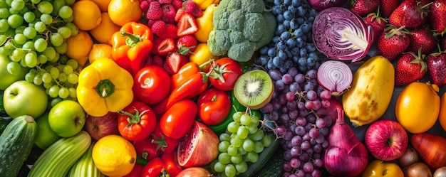 A colorful display of fresh organic fruits and vegetables arranged in a rainbow spectrum symbolizing health and natural diversity