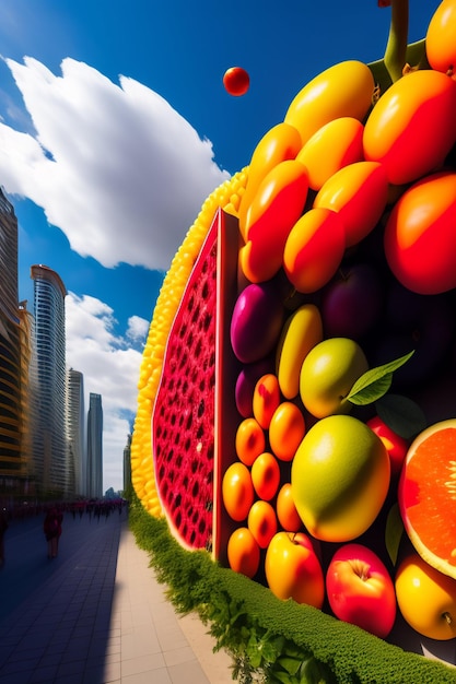 A colorful display of fruits in front of a cityscape