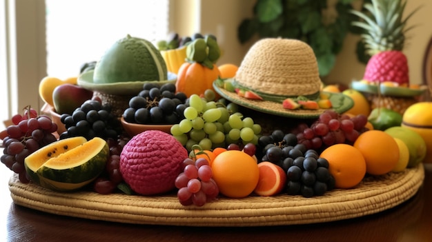 Красочная выставка фруктов и шляп