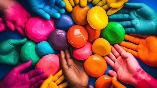 A colorful display of hands and a hand with the word art on it