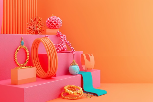 A colorful display of jewelry and accessories on a pink background