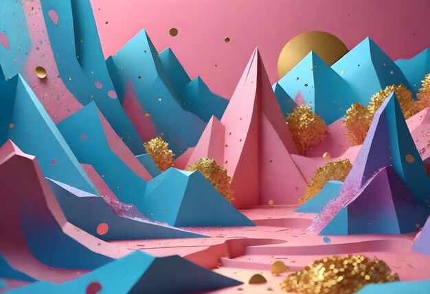 a colorful display of paper art with a pink background and a gold star