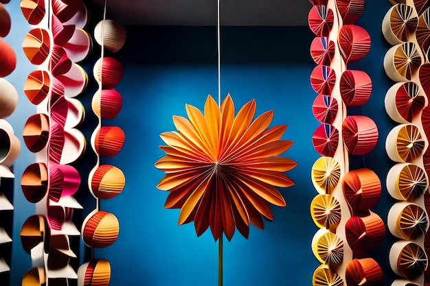 A colorful display of paper flowers and a flower in a shop window