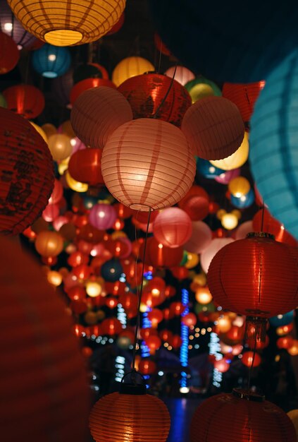 A colorful display of paper lanterns with the word chinese on the bottom.