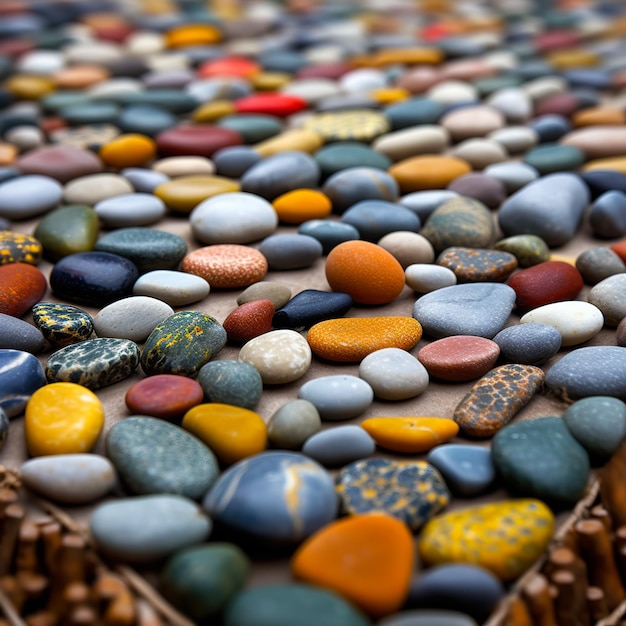 Photo a colorful display of pebbles and other stones is displayed.