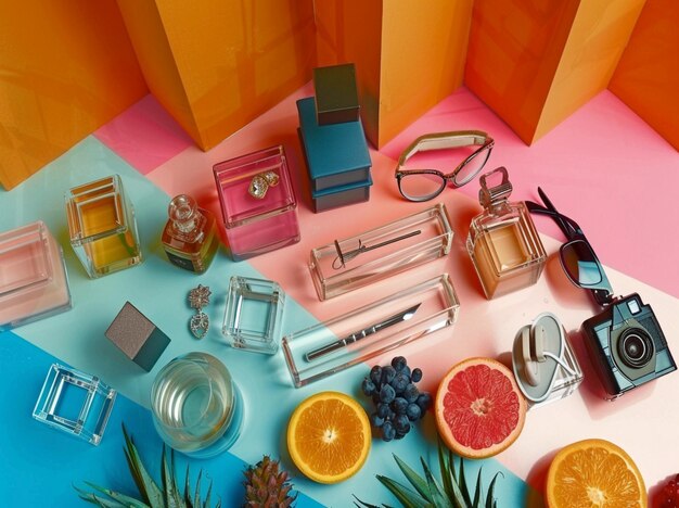 Photo a colorful display of perfumes and other items including one of them has a blue box with the word perfume on it