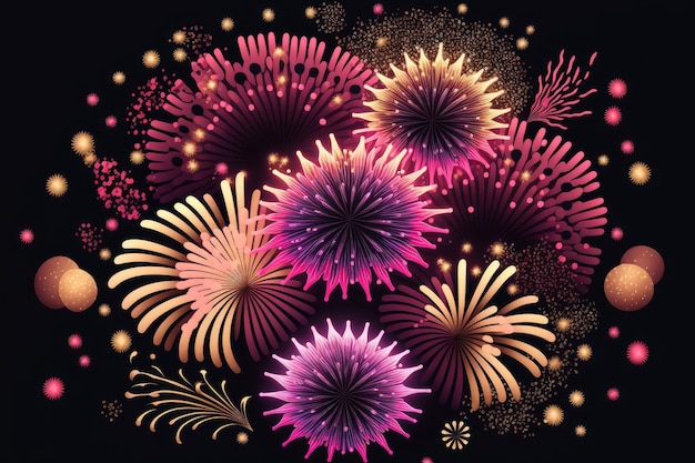 Colorful display of pink and golden fireworks for a party