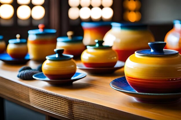 テーブルの上には色とりどりの陶器が並べられています。