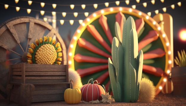 A colorful display of a pumpkins and a ferris wheel