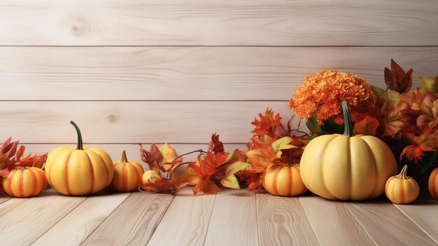 A colorful display of pumpkins pumpkins and leaves Space for text Generative AI