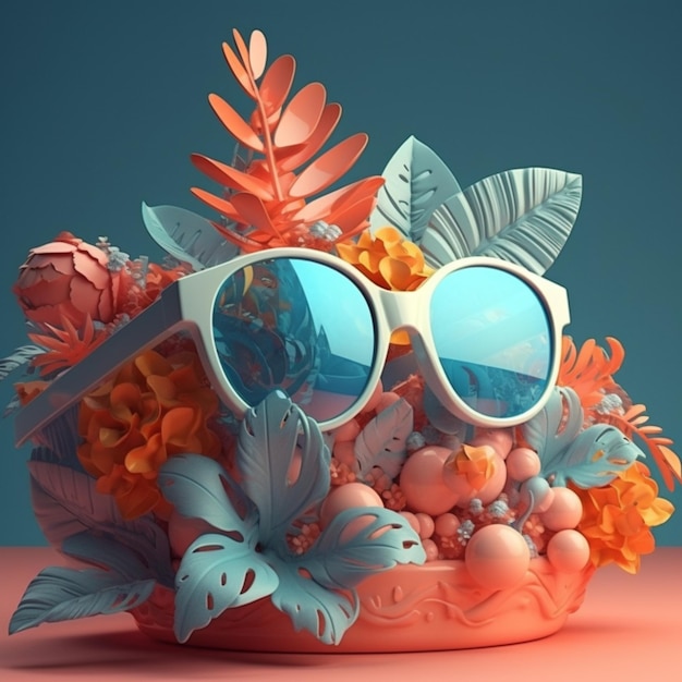 A colorful display of sunglasses and a flower pot