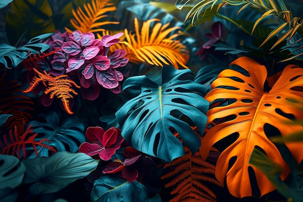 色とりどりの熱帯の植物と花の展示