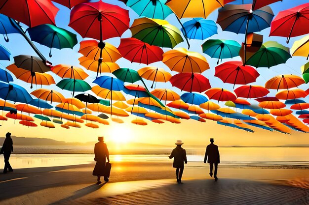 a colorful display of umbrellas with the word " all over it. "