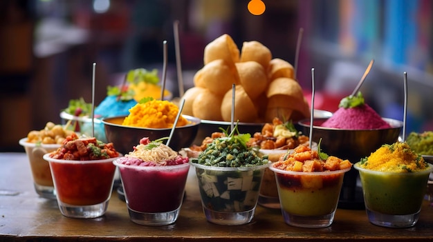 A colorful display of various chaat snacks like pani puri papdi chaat and aloo tikki