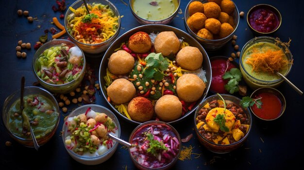 A colorful display of various chaat snacks like pani puri papdi chaat and aloo tikki