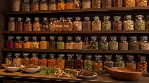 Colorful Display of Various Spices and Herbs