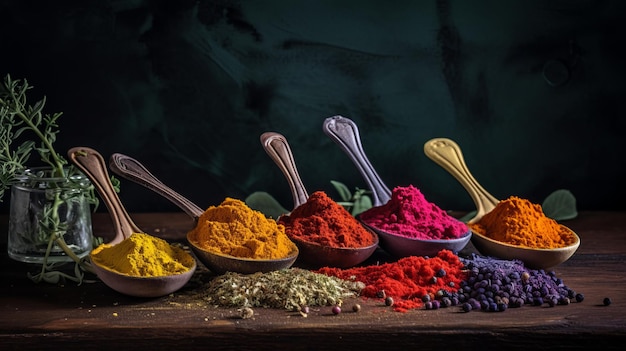 Colorful Display of Various Spices and Herbs