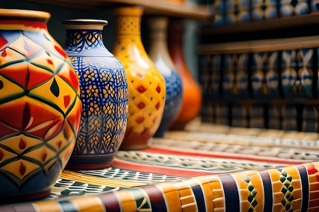 A colorful display of vases and vases