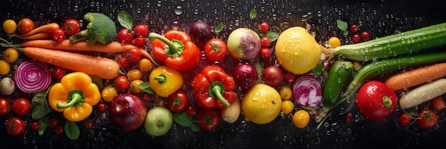 A colorful display of vegetables with a green stem