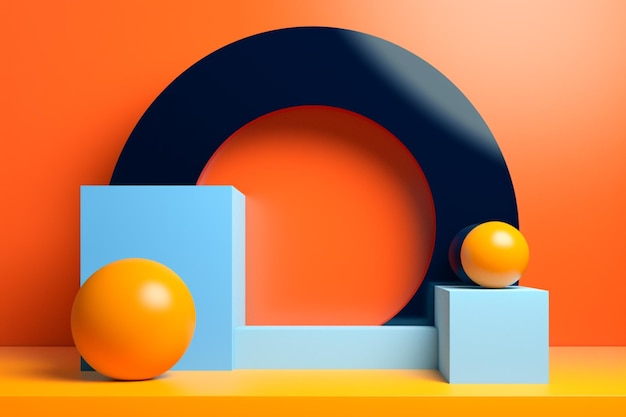 A colorful display with a blue and orange background and a blue ball.
