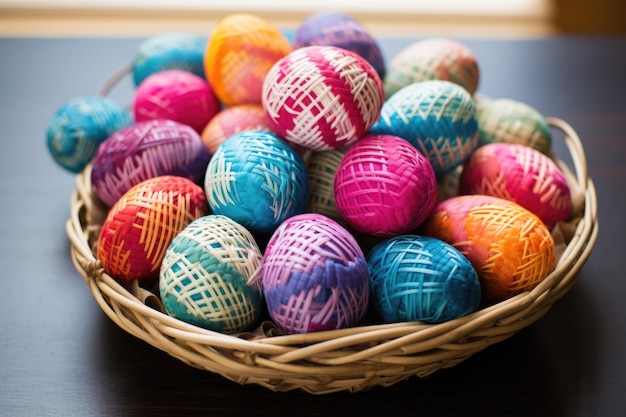 Colorful diy easter eggs in a woven basket