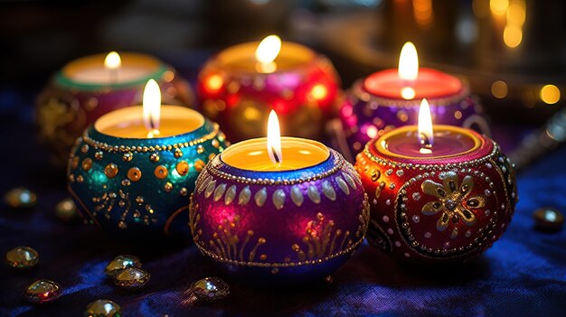 Colorful diya lamps lit during Diwali celebration in India