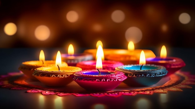 Colorful diya lamps lit during diwali celebration