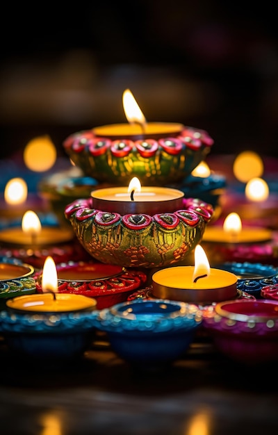 Colorful Diya Lamps Lit During Diwali Celebration