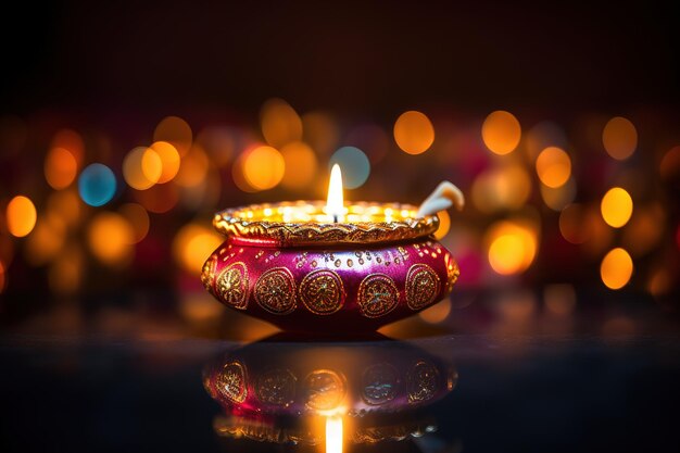 Photo colorful diya lamps lit during diwali celebration