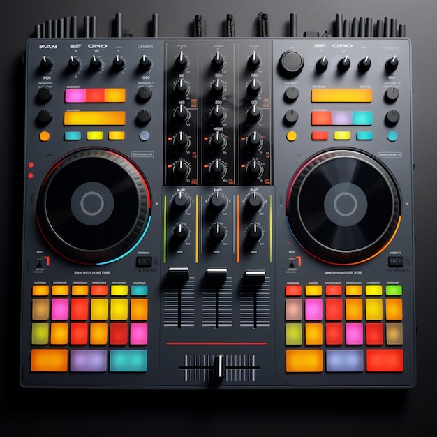 Photo a colorful dj mixer control board in the style of realistic textures dark gray and black