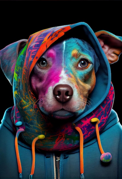 Foto un cane colorato che indossa una felpa con cappuccio che dice 