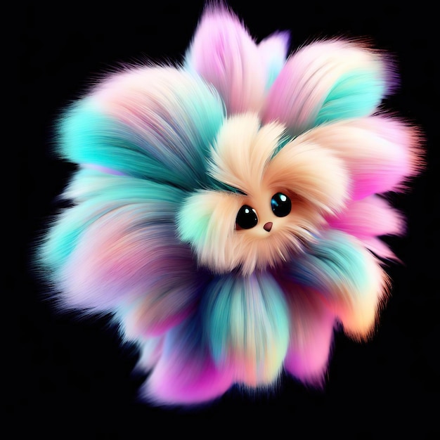 A colorful dog with black eyes and a black background.