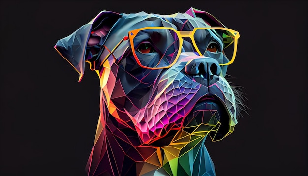 A colorful dog with glasses on its head