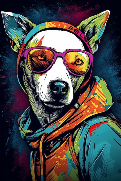 A colorful dog with a hoodie and sunglasses.