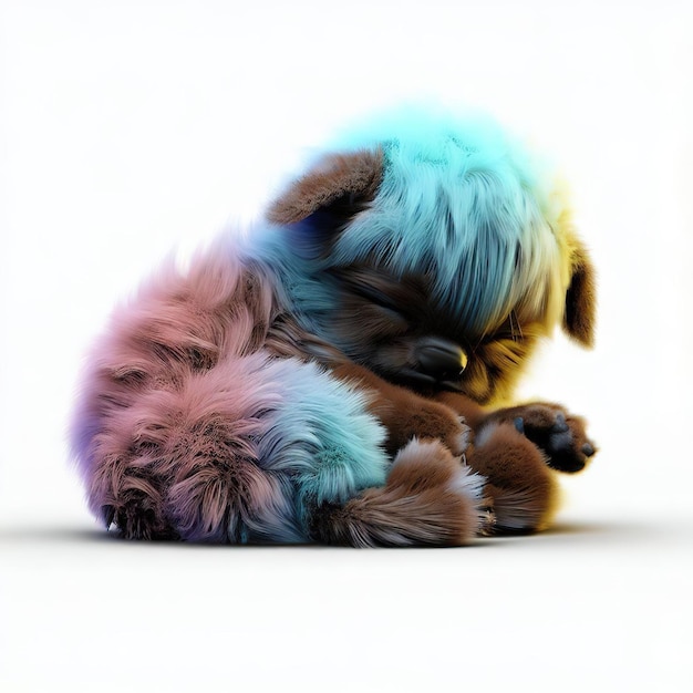 A colorful dog with a pink and blue fur.