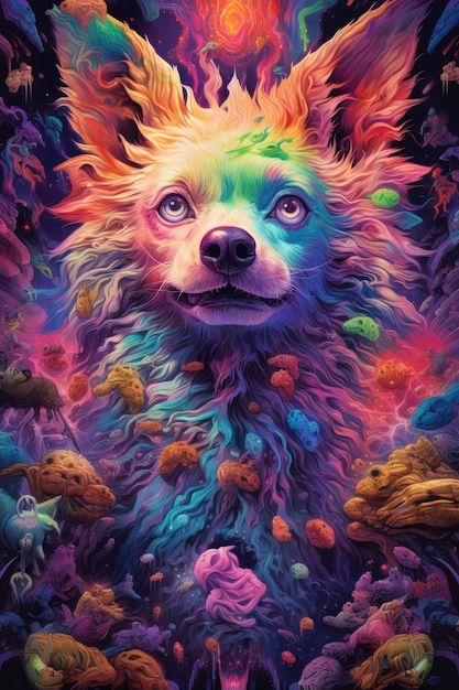 A colorful dog with a rainbow face.