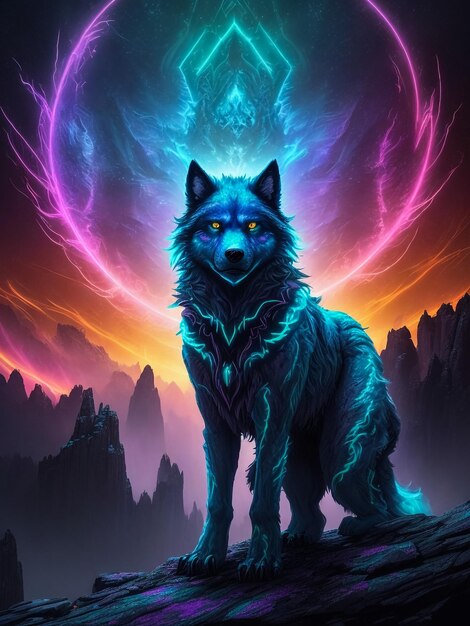 Colorful dog or wolf head with creative abstract elements and paint splashes on colorful background