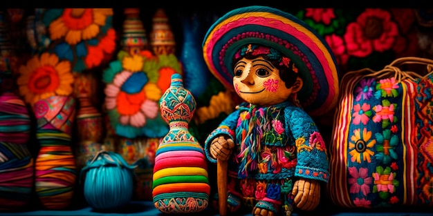 A colorful doll and a doll are in front of a colorful display.