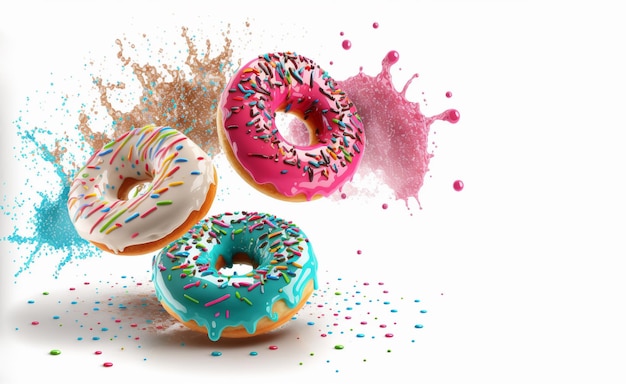 A colorful donut is flying in the air and has sprinkles on it.