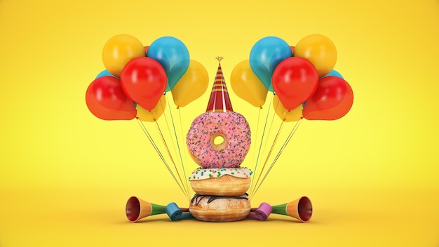 A colorful donut with a party hat sits between balloons