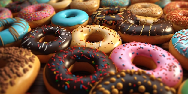 Colorful donuts background Top view with AI generated