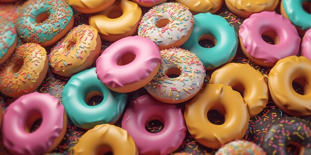 Colorful donuts background Top view with AI generated