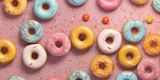 Colorful donuts background Top view with AI generated